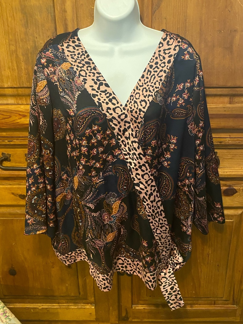Dress Barn size 2X Mixed Print Faux Wrap Blouse Paisley Leopard Animal Side Tie